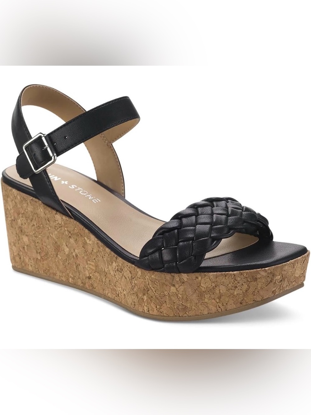 0066: Sun + Stone Women’s Allvinap Faux Leather Black Woven Cork Wedge Sandal